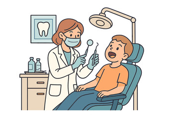 Professional female dentist performing routine dental checkup on young boy patient