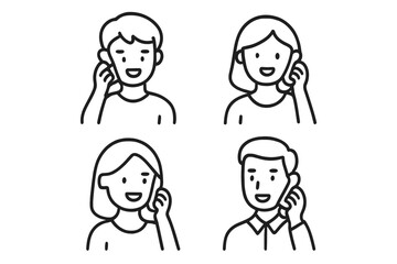 Set of four diverse people smiling while talking on mobile phones, simple line art