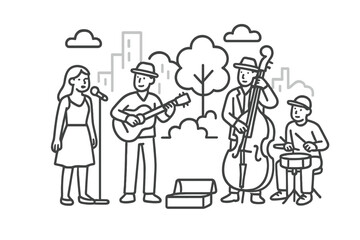 Four musicians busking outdoors in a city park, performing live music for passersby in an urban setting