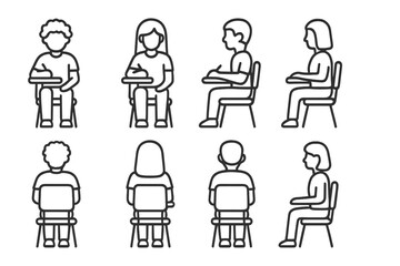 People sitting in classroom chairs viewed from front, back, and side profiles
