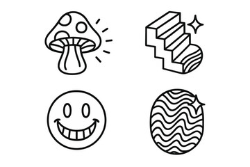 Retro psychedelic line art stickers featuring a glowing mushroom and happy face