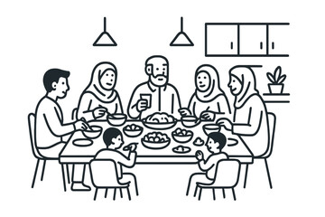Diverse family group eating dinner together around a table in a simple home setting