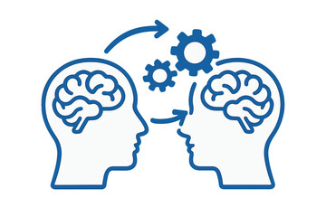 Knowledge transfer and idea exchange between two human minds with gears and arrows