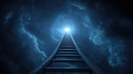 Fototapeta premium Surreal Staircase Ascending into Bright Cosmic Light Surrounded by Mystical Clouds and Stars in a Dreamlike Night Sky Environment