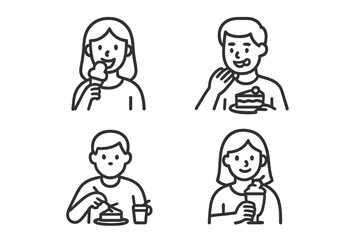 Four diverse people happily eating sweet desserts including ice cream, cake, and milkshakes