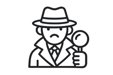 Serious detective character wearing a trench coat and fedora holding a magnifying glass