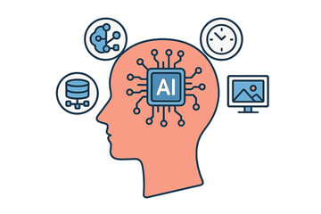 Human head silhouette with processor chip symbolizing machine learning and cognitive computing