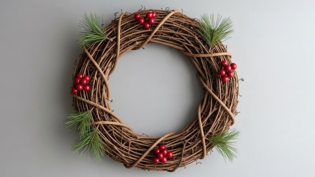 Craft a warm welcome with this rustic grapevine wreath adorned with vibrant red berries and fresh evergreen sprigs for holiday cheer - Powered by Adobe