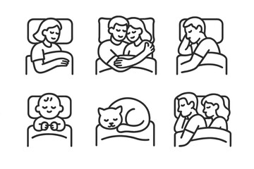Various sleeping positions for individuals, couples, baby, and pet resting in bed