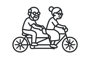 Elderly couple riding a tandem bicycle together enjoying active retirement leisure time
