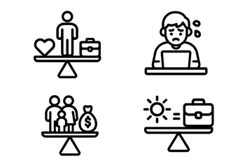 Work-life balance and professional stress featuring scales, family, money, and burnout