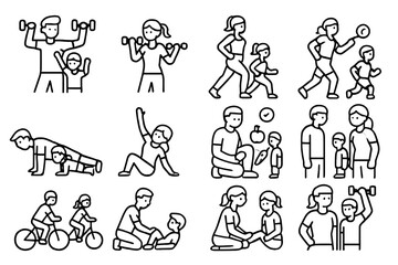 Parents and children engaging in various fitness activities promoting a healthy lifestyle