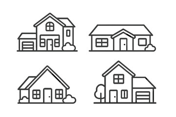 Minimalist black line art depicting various suburban residential buildings and homes