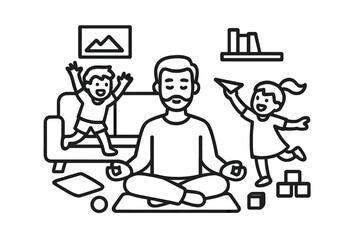 Father meditating peacefully while energetic children play around him in the living room