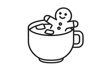 Cute smiling gingerbread man cookie relaxing in hot beverage mug with ice cubes