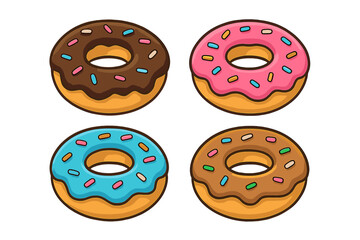 Collection of four colorful glazed donuts with sweet sprinkles dessert food set isolated on white background