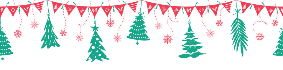 Header seamless pattern for Christmas and New Year festival with cute doodle party flags and Christmas trees in silhouette red and green color tones on a transparent background.