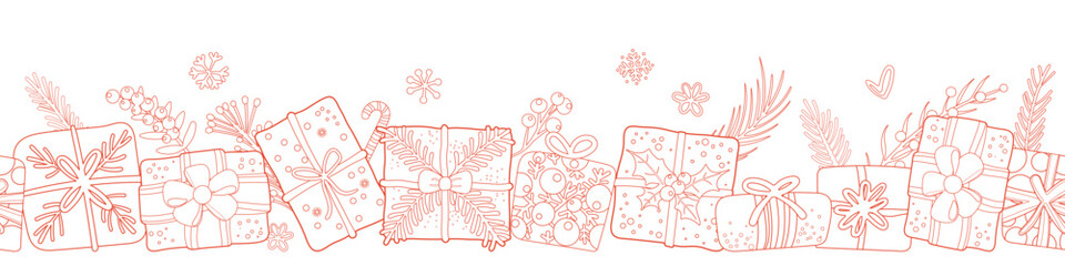 Horizontal seamless pattern for Christmas and New Year festival with cute gifts and festive decorations in red outline on a transparent background.