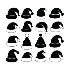  santa hat silhuette icon set. set of santa silhuette icon. Collection of black santa hats in various styles for christmas