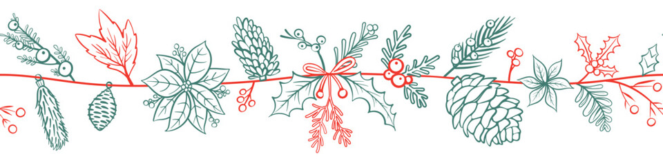 Horizontal seamless pattern for Christmas and New Year festival with cute garland and festive decorations in red and green outline on a transparent background. © Plawarn