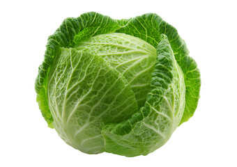 Fototapeta premium Fresh green savoy cabbage with textured leaves and a round shape isolated on a transparent background