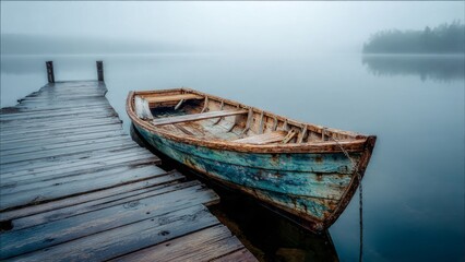 Rowboat Moored at Foggy Lake Dockside on Still Morning

