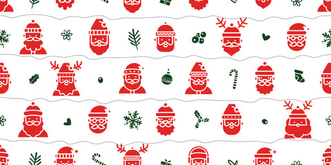 Seamless pattern for Christmas and New Year festival with cute various Santa Claus and festive elements in red and green color tones on a transparent background.