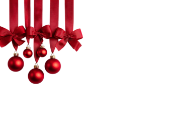 Red Christmas Ornaments and Ribbons with Bows Hanging isolated on a transparent background image