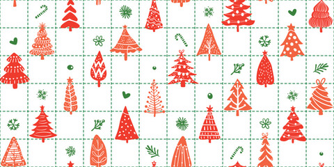 Seamless pattern for Christmas and New Year festival with cute various Christmas tree and festive elements in red and green color tones on a transparent background.
