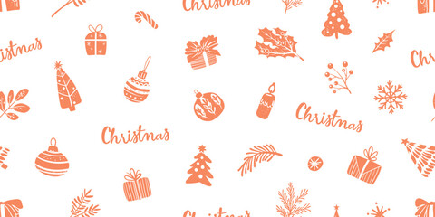 Seamless pattern for Christmas and New Year festival with cute various festive elements in pastel red color tone on a transparent background.