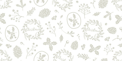 Seamless pattern for Christmas and New Year festival with cute wreath, text, and various festive elements in pastel beige color tone on a transparent background.