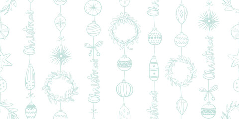 Seamless pattern for Christmas and New Year festival with cute wreath, ornaments, and various festive elements in pastel green color tone on a transparent background.