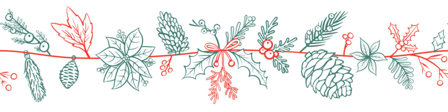 Horizontal seamless pattern for Christmas and New Year festival with cute garland and festive decorations in red and green outline on a transparent background.