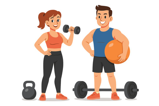 Cheerful athletic couple standing with gym equipment after successful workout