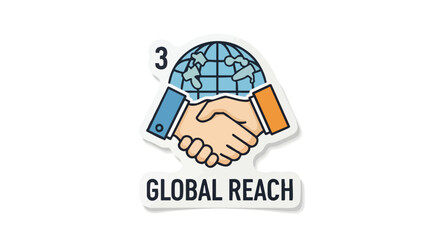 A stylized illustration depicts a handshake with a globe, symbolizing global reach and cooperation against a clean white background for business and international themes.