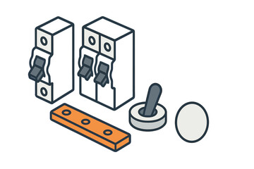 Isometric electrical components set: circuit breakers, toggle switch, and terminal block