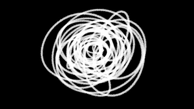 An abstract animated loop of white scribbled brushstrokes forming a messy circle or ball on a pure black background. The scene represents creative energy, motion graphics, and chaotic art.