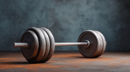Heavy black dumbbell lying on an orange gym floor with textured background for fitness and workout themed stock photography