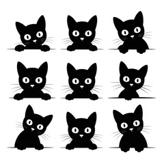 Cute black cat faces peeking, set of nine kittens isolated on transparent background