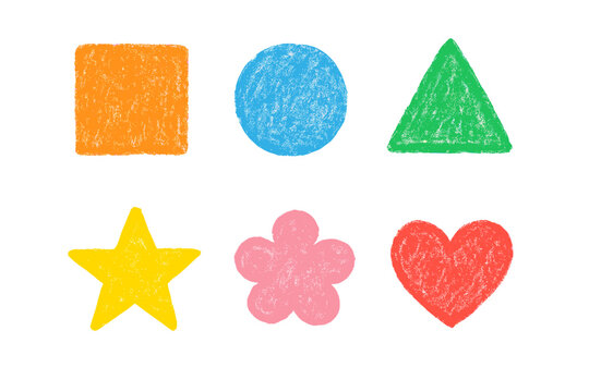 Vibrant set of basic geometric shapes and decorative elements with crayon texture
