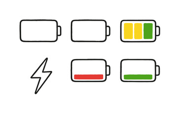 Hand drawn battery charge level indicators set with lightning bolt icon showing power status