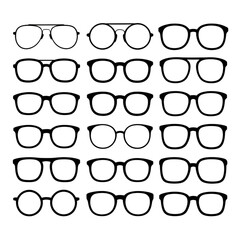 Collection of various black silhouette eyeglasses frames isolated on transparent background