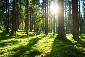 Obraz premium Sunbeams streaming through a lush green forest canopy, illuminating moss-covered ground and tall evergreen trees in a serene natural landscape.