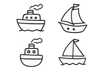 Simple black and white ships floating on waves including sailboat and steamship