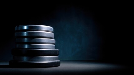 Stacked weight plates in a dark gym environment showcasing strength training equipment and fitness lifestyle for athletes and fitness enthusiasts