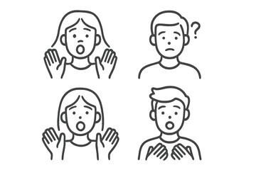 Four simple line icons showing human emotions: shock, surprise, confusion, and doubt with expressive faces and hand gestures