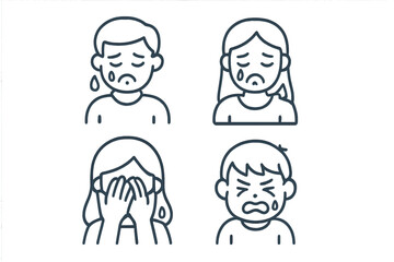 Line art faces showing crying, sadness, sorrow, distress, and emotional pain