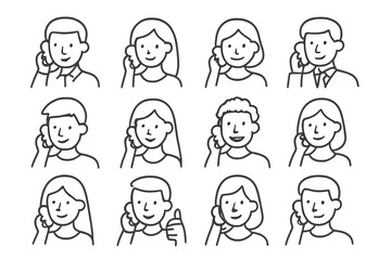 Diverse group of people talking on cell phones and headsets showing communication and connection