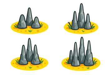 Stylized sharp gray rock formations set on small patches of yellow earth background