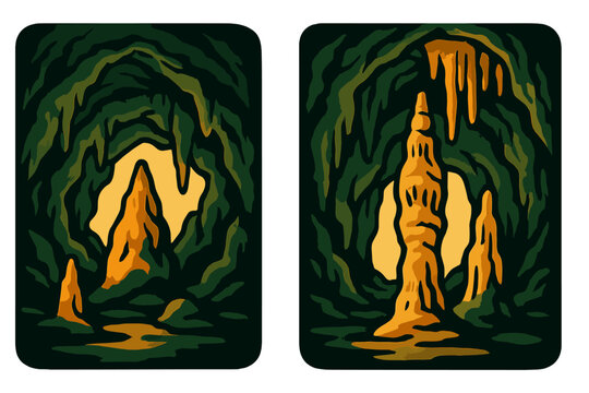 Mysterious dark cave entrance with glowing yellow light and natural rock formations